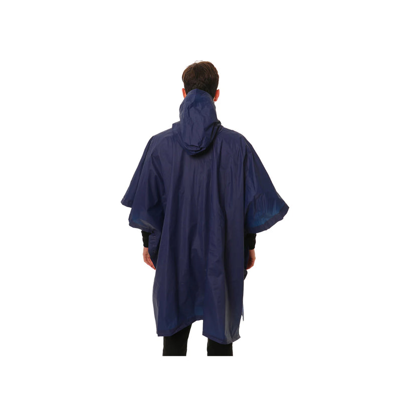 Navy | XTM Stash Rain Poncho Image Showing Back View With Hood Down.