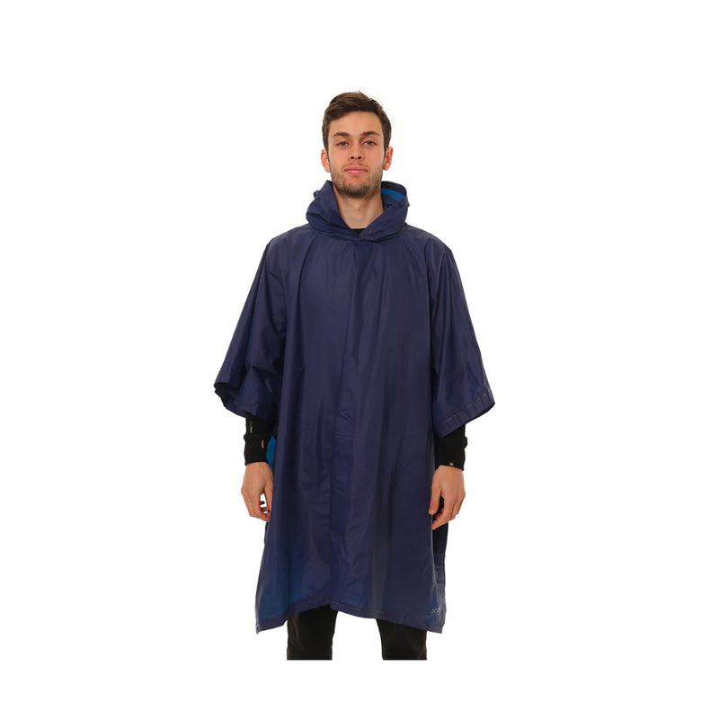 Navy | XTM Stash Rain Poncho Image Showing Front View With Hood Down.