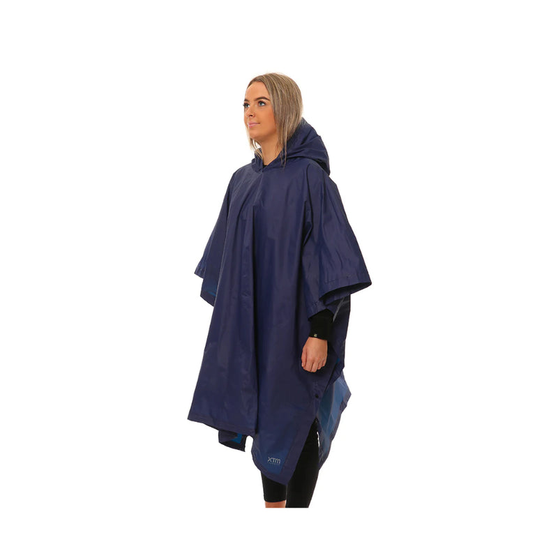 Navy | XTM Stash Rain Poncho Image Showing Angled Side View With Hood Down.