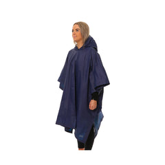 Navy | XTM Stash Rain Poncho Image Showing Angled Side View With Hood Down.