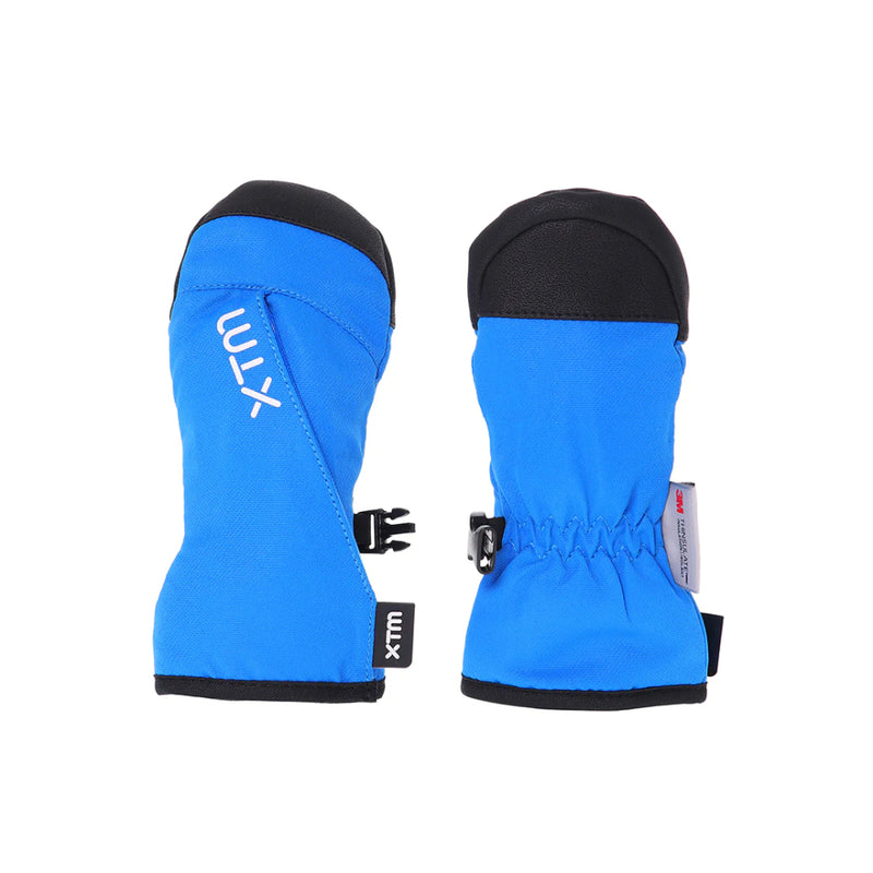 Bright Blue | XTM Tiny ll Kids Mitt, Showing Wrist Clip to Clasp Together.