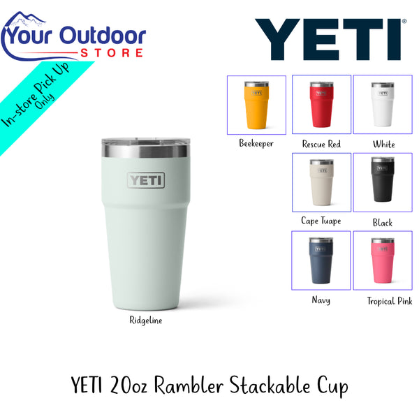 YETI 20oz Rambler Stackable Cup | Hero Image Showing All Logos And Titles.