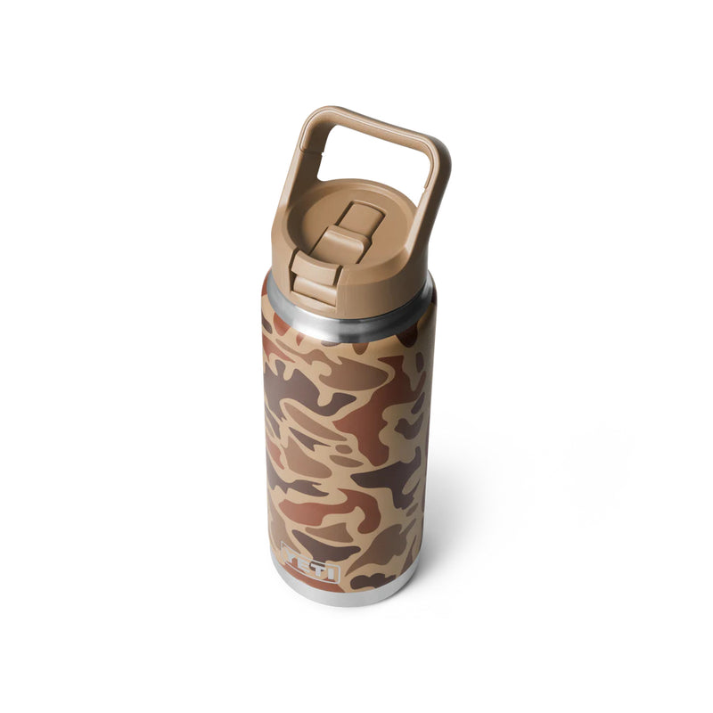 Wetlands Camo | YETI Rambler 26oz Bottle With Straw Lid Image Showing  Angled Top View.
