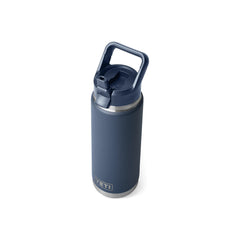 Navy | YETI Rambler 26oz Bottle With Straw Lid Image Showing top View With Straw Up.