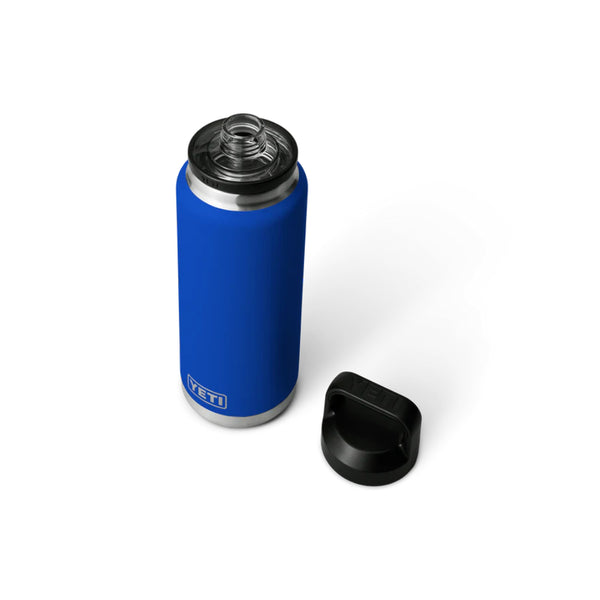 Royal Blue | YETI Rambler 36oz Bottle With Chug Cap Image Showing Angled Top View, Cap Off.