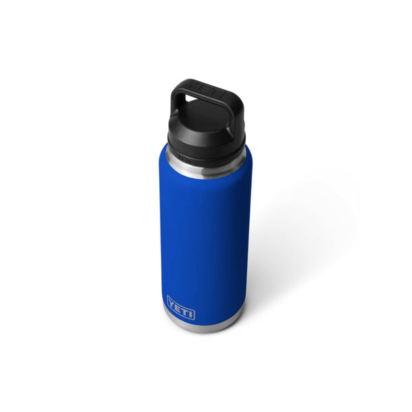 Royal Blue | YETI Rambler 36oz Bottle With Chug Cap Image Showing Angled Top View, Cap On.