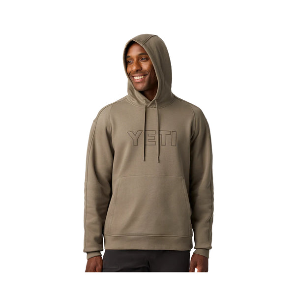 Bush Brown | YETI Built For The Wild Hoodie Image Showing Front View On A Model, With Hood Up.