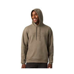 Bush Brown | YETI Built For The Wild Hoodie Image Showing Front View On A Model, With Hood Up.