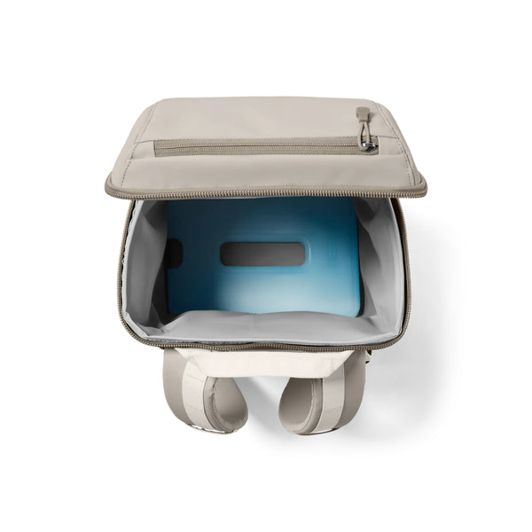 Cape Taupe | YETI Daytrip Insulated 20L Backpack Image Showing Top View, Lid Open, Ice Brick Sold Separately.