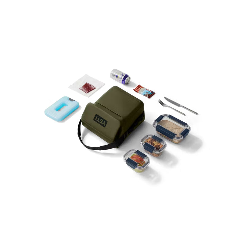 Olive / 6L | YETI Daytrip Insulated Lunch Bag Image Showing What Can Fit Inside Of The Lunch Bag.