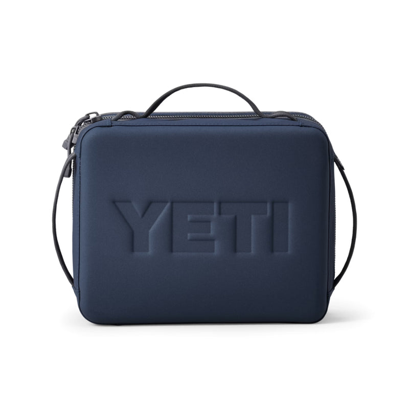 Navy | YETI Daytrip Insulated Lunch Box - Side View Showing Handles and Logo on Hard Outer. 