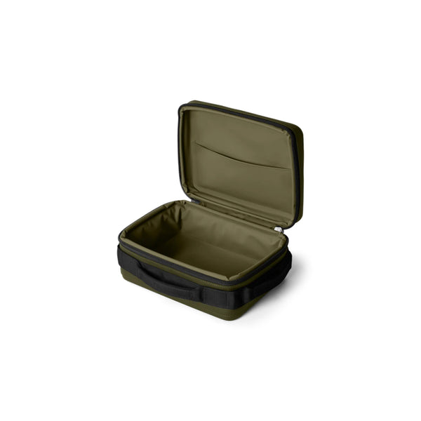 Olive - Black | YETI Daytrip Insulated Lunch Box Image Showing Angled Front View, Lid Up.
