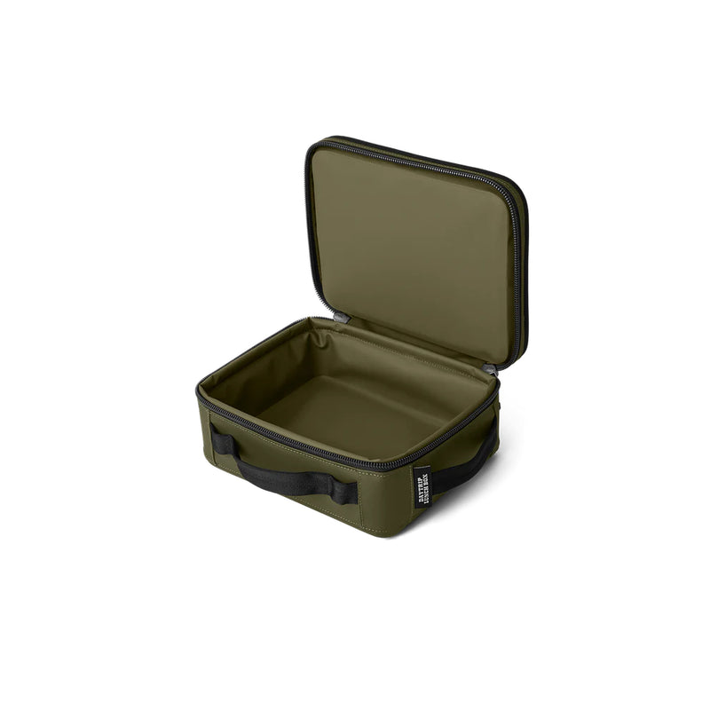 Olive/Black | YETI Daytrip Insulated Lunch Box Image Showing Angled Front View Lid Open.
