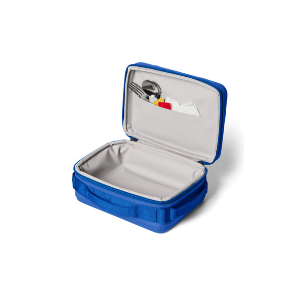 Royal Blue | Daytrip Insulated Lunch Box Image Showing Angled Front View, Lid Up.