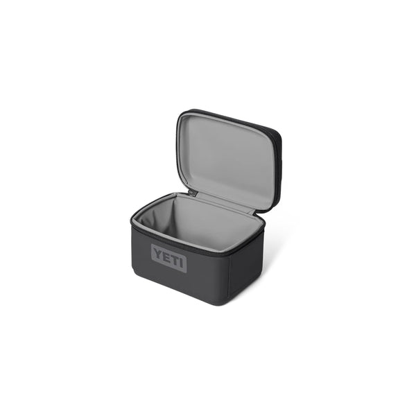 Charcoal | YETI Daytrip Insulated Snack Box 3L Image Showing Angled Side View Image Showing Lid Open.