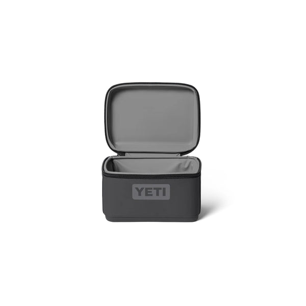Charcoal | YETI Daytrip Insulated Snack Box 3L Image Showing Front View With Lid Open.