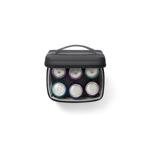 Charcoal | YETI Daytrip Insulated Snack Box 3L Image Showing Top View, Lid Open And Full Of Cans.