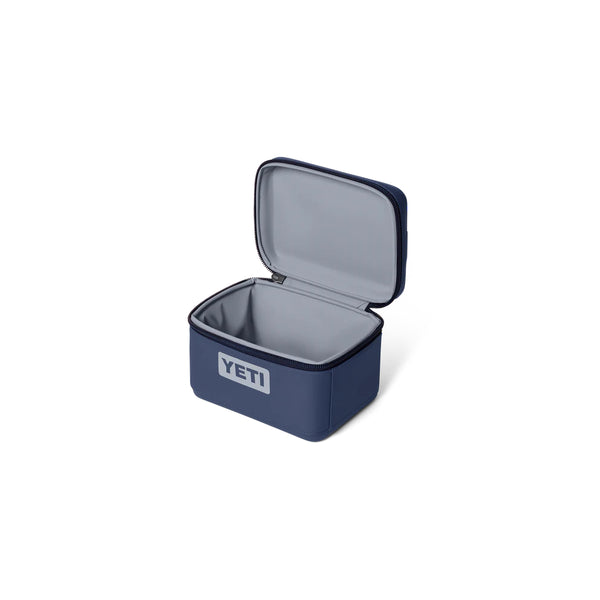Navy | YETI Daytrip Insulated Snack Box 3L Image Showing Angled Side View With Lid Open.