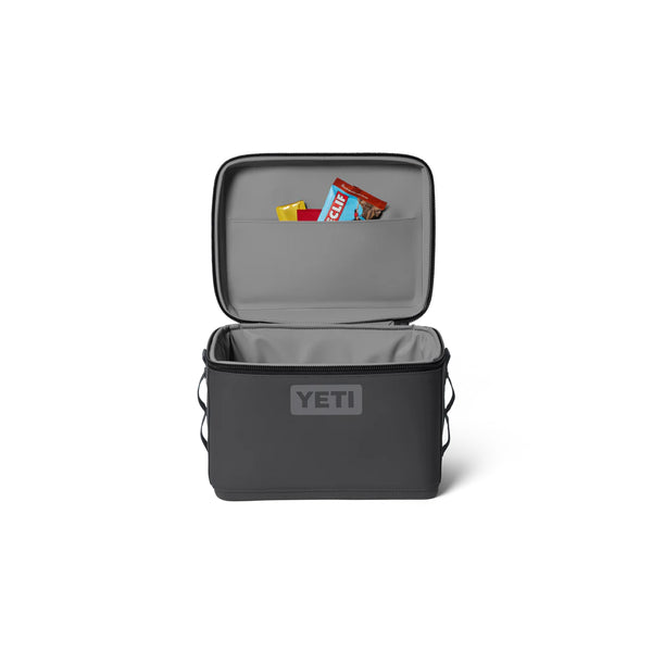 Charcoal | YETI Daytrip Insulated Snack Box 9L Image Showing Front View, Lid Open.