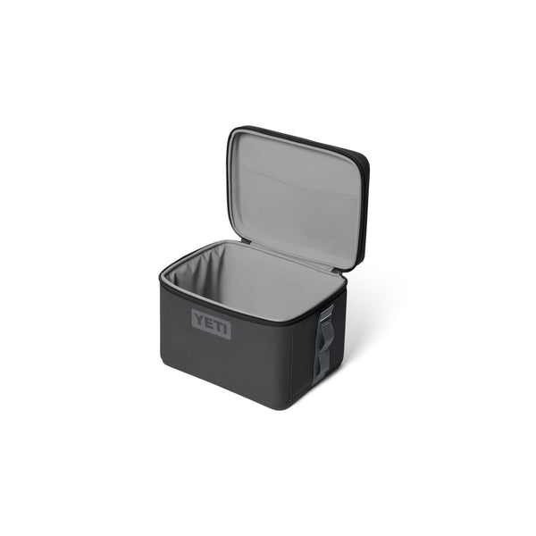 Charcoal | YETI Daytrip Insulated Snack Box 9L Image Showing Angled Side View, Lid Open.
