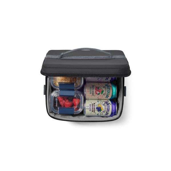 Charcoal | YETI Daytrip Insulated Snack Box 9L Image Showing Top View,  Lid Open Full Of Food And Cans.
