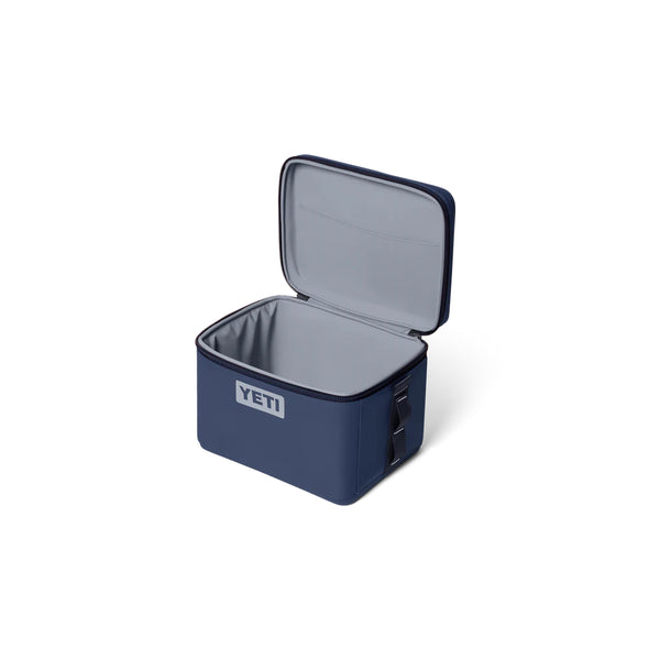 Navy | YETI Daytrip Insulated Snack Box 9L Image Showing Angled Side View With Lid Open.