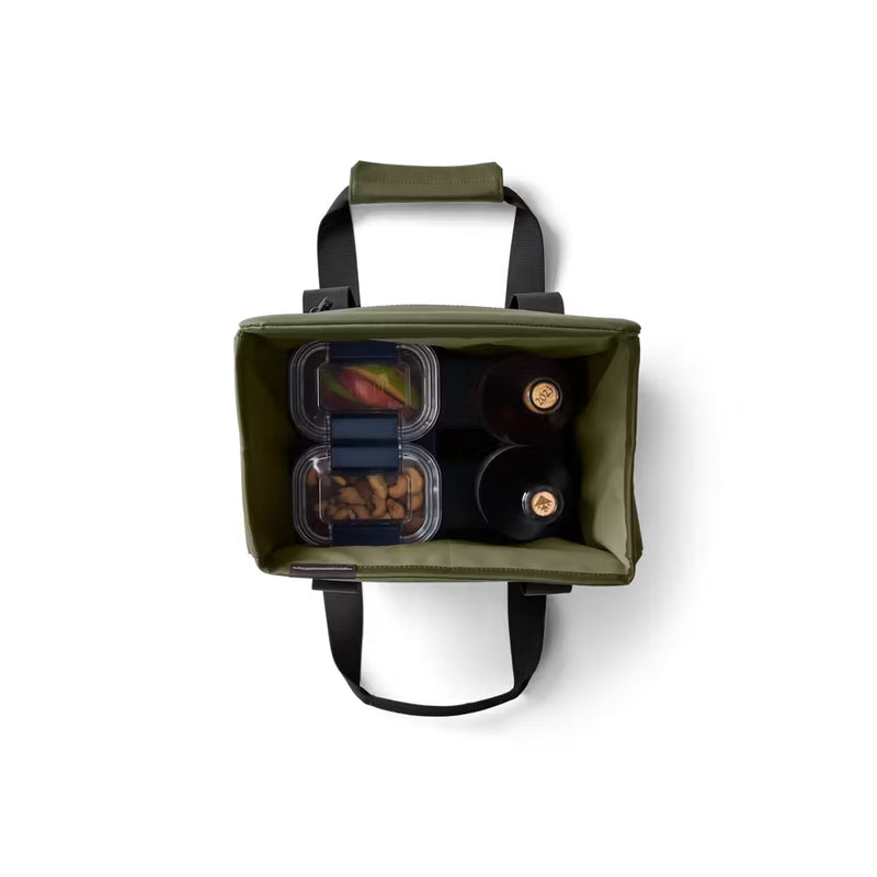 Olive / 14L | YETI Daytrip Insulated Tote Bag Image Showing Top View Open, Handles Down, Packed Full For A Day Out And About.