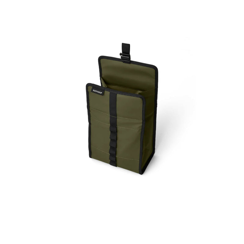 Olive/Black | YETI Daytrip Lunch Bag  Soft Cooler Image Showing Angled View Of Front Lunch Bag Top Open
