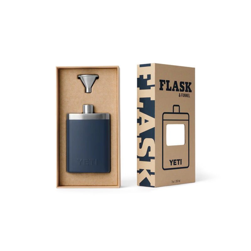 Navy | YETI Flask & Funnel Image Showing Product In The Packaging.