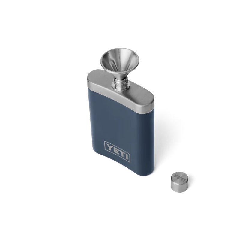 Navy | YETI Flask And Funnel Image Showing Top View With Lid Off, Funnel In.