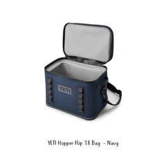 Navy | YETI Hopper Flip Bag - 18. Shown Open.