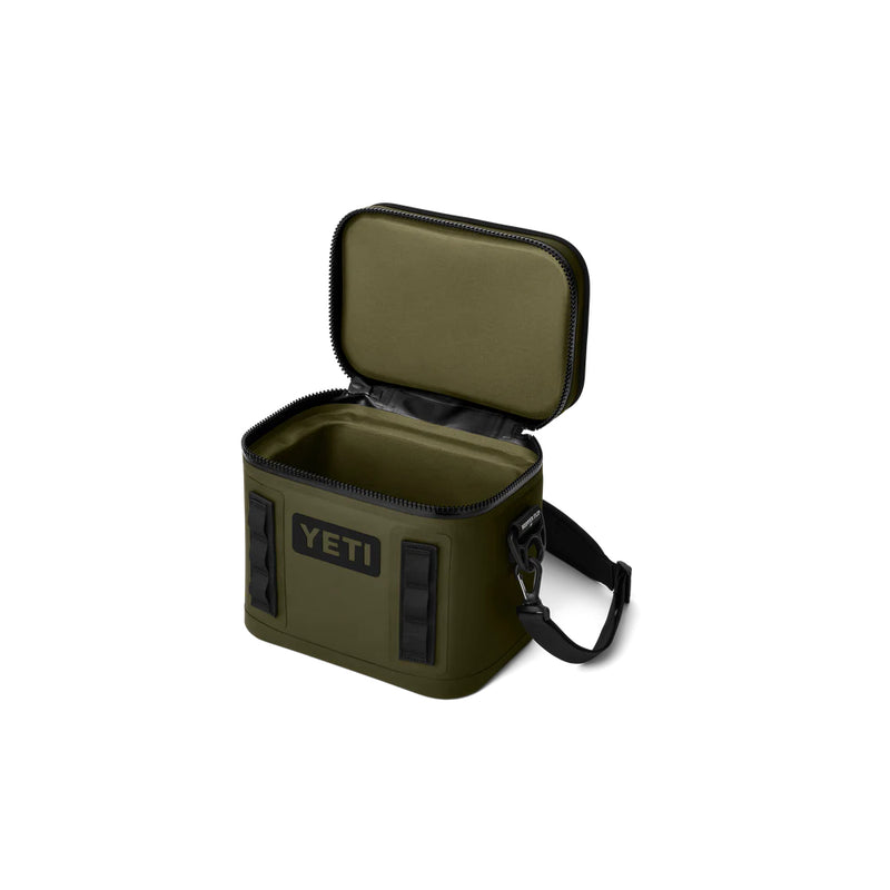 Olive/Black | YET Hopper Flip Bag 8-12-18 Image Showing Angled Front View, lid Up.
