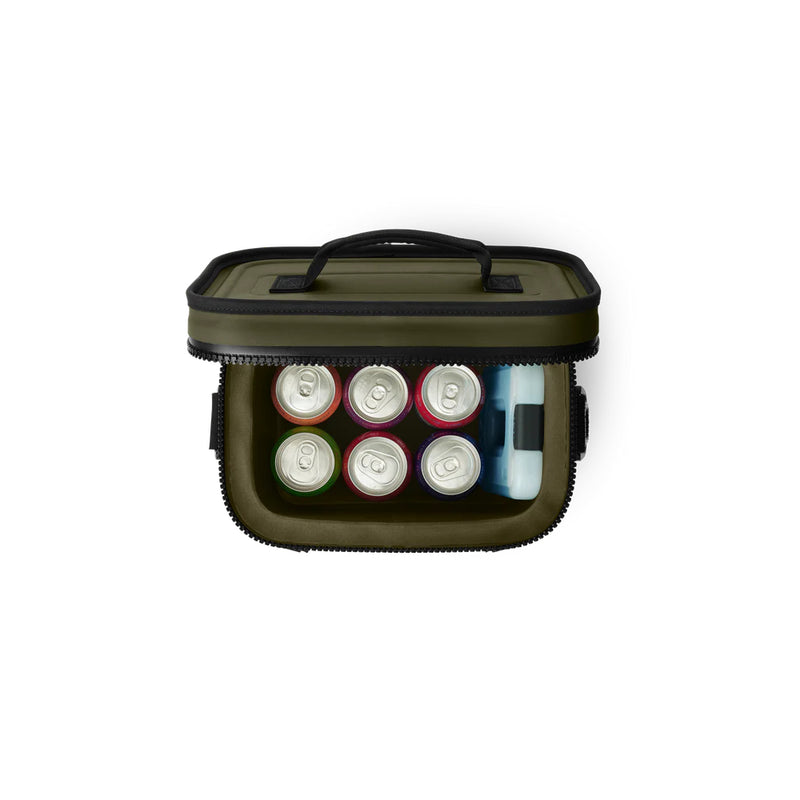 Olive/Black | YETI Hopper Flip Bag 8-12-18 Image Showing Top View Bag Open ,Filled With Cans And YETI Ice (Sold Separately).