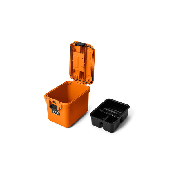 King Crab Orange | YETi LoadOut GoBox 15 Image Showing Angled Front View With The Lid Up And Cargo Tray Out .