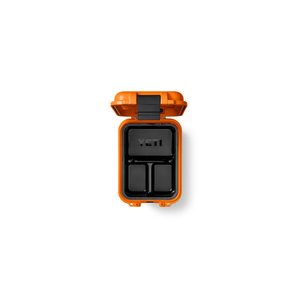 King Crab Orange | YETI LoadOut GoBox 15 Image Showing Top View With Lid Open And Cargo Tray Inside Of The GoBox.