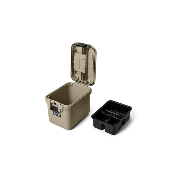 Tan | YETI Loadout GoBox 15 Image Showing Angled Front View, Lid Open With Cargo Tray Out.