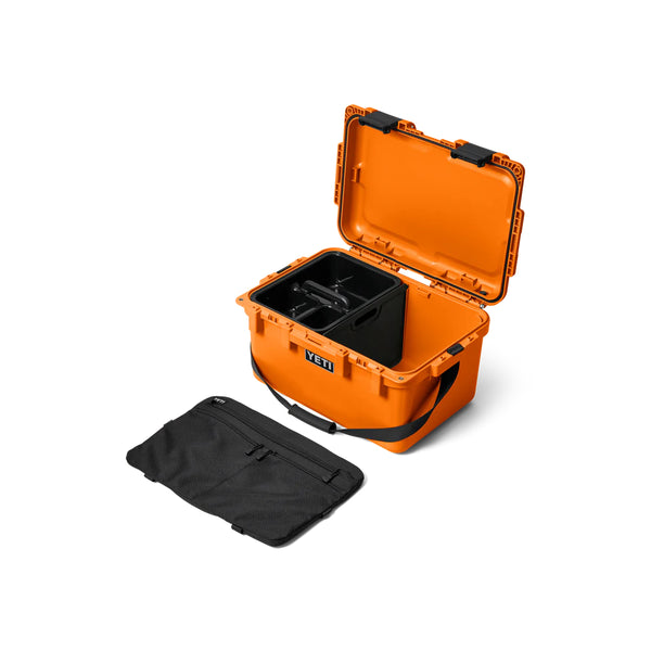 King Crab Orange | YETI Loadout GoBox 30 Image Showing Angled Side View With Lid Up.