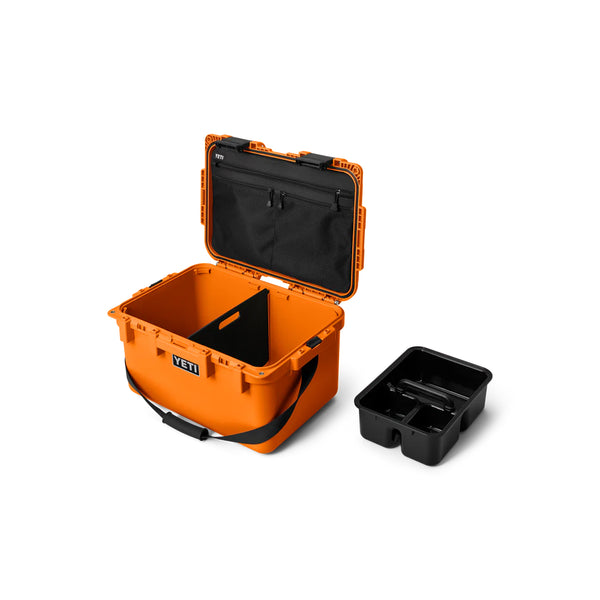 King Crab Orange | YETI Loadout GoBox 30 Image Showing Lid Up, With The Cargo Tray Out.