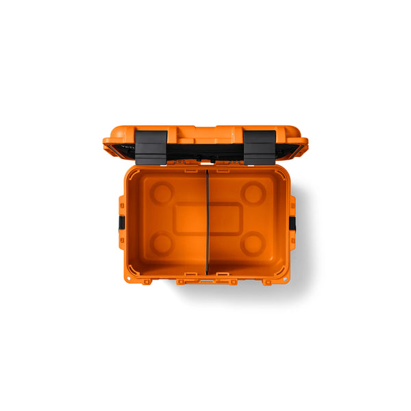 King Crab Orange | YETI Loadout GoBox 30 Image Showing Top View Lid Up, Divider In.