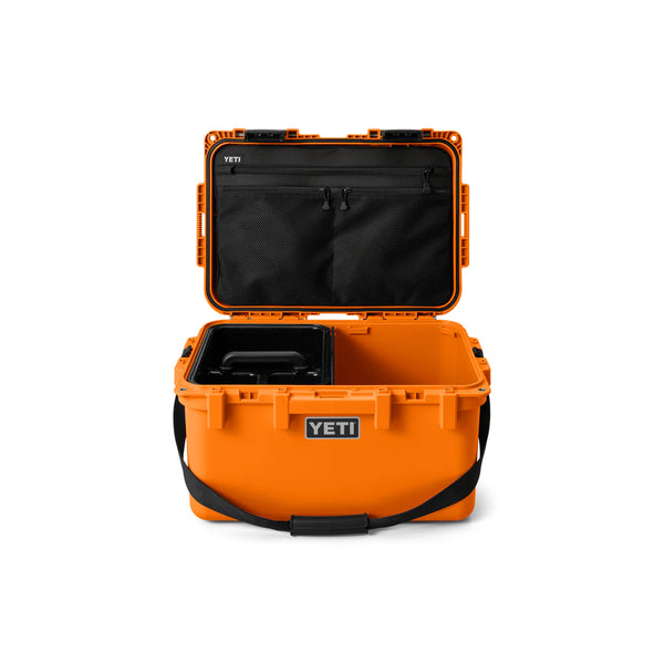 King Crab Orange | YETI Loadout GoBox 30 Image Showing Front View, With The Lid Up.