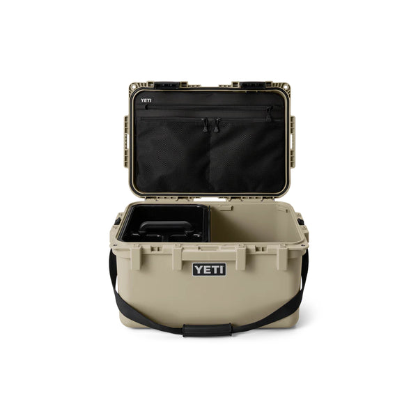 Tan | YETI LoadOut GoBox 30 Image Showing Front View, Lid Open, Shoulder Strap In View, Cargo Tray In.