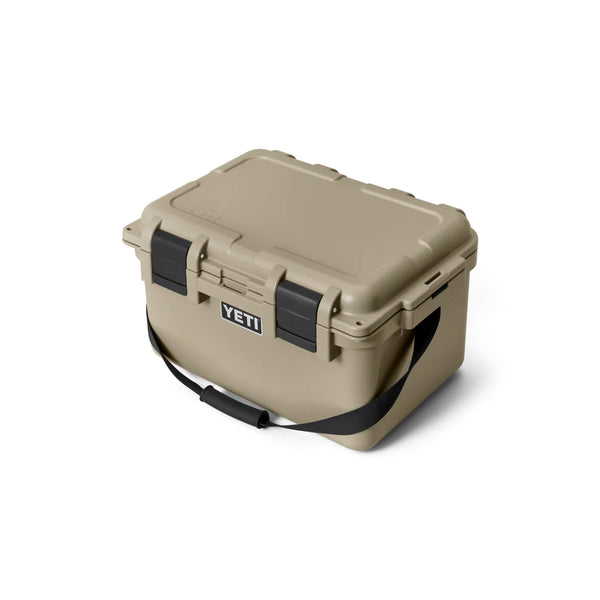 Tan | YETI LoadOut GoBox 30 Image Showing Angled Side View Lid Closed With Shoulder Strap In View.