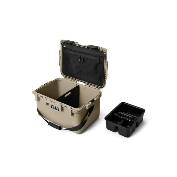 Tan | YETI LoadOut GoBox 30 Image Showing Angled Side View Lid Open, Cargo Tray Out And The Divider In.