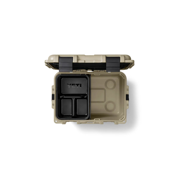 Tan | YETI LoadOut GoBox 30 Image Showing Top View With The Lid Up And The Cargo Tray In.
