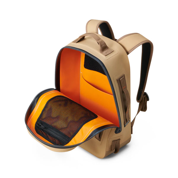 Tan | YETI Panga Submersible Backpack - 28L. Shown Open. 