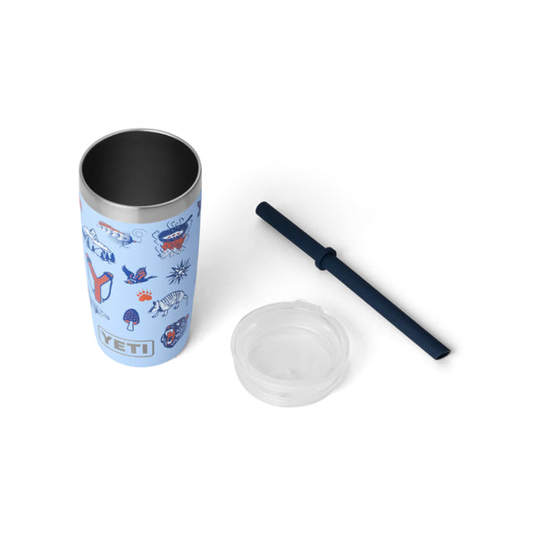 Big Sky Summer Camp | YETI Rambler 10oz Jr Tumbler With Silicone Straw Lid Summer Camp Edition Image Showing Angled Top View, Lid Off And Straw Out.