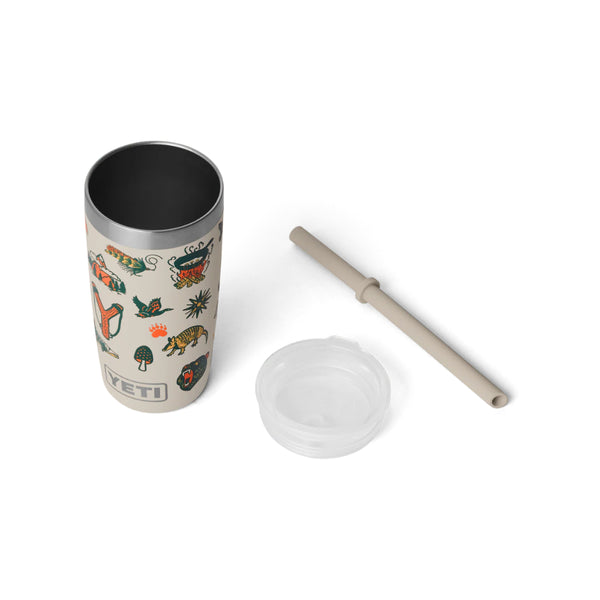 Cape Summer Camp | YETI Rambler 10oz Jr Tumbler With Silicone Straw Lid Summer Camp Edition Image Showing Top View, With Lid Off And Straw Out.
