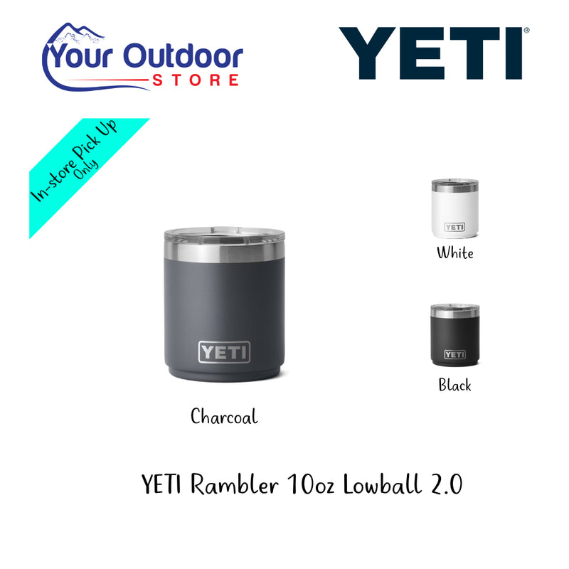 YETI Rambler 10oz Lowball 2.0. Hero Image Showing Variants, Logos and Title.