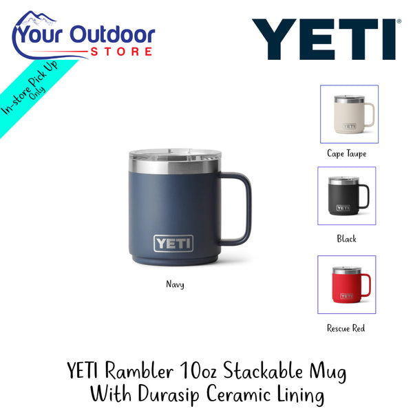 YETI Rambler 10oz Stackable Mug With Durasip Ceramic Lining | Hero Image Showing All Logos And Titles.