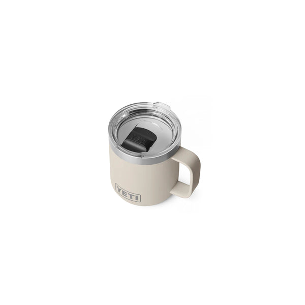 Taupe | YETI Rambler 10oz Stackable Mug With Durasip Ceramic Lining Image Showing Angled Top View, Lid On.